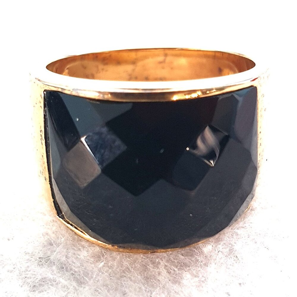 Chunky Vintage USA Black Onyx Statement Ring – 925 Sterling Silver, Gold Plated
